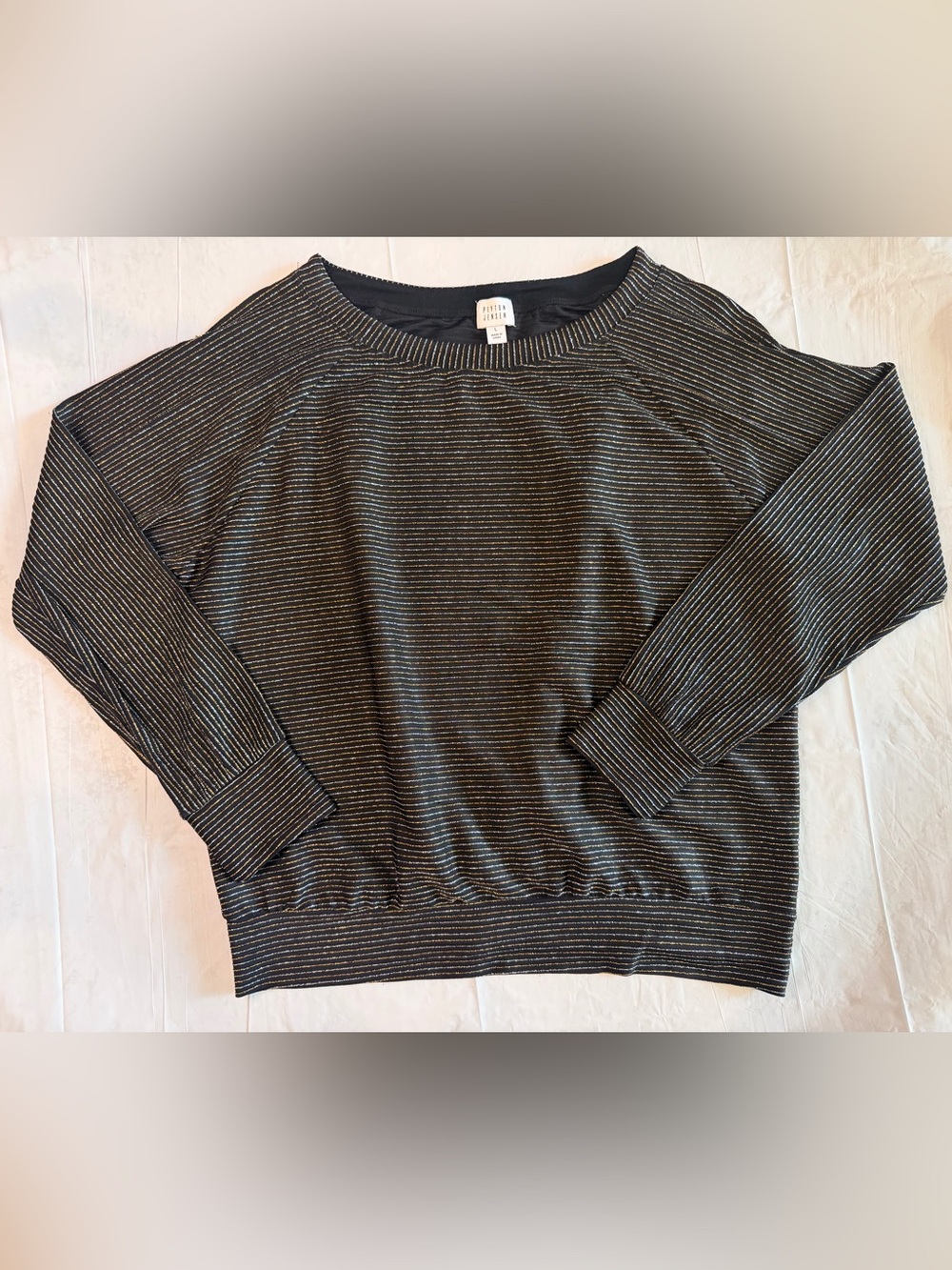 Peyton Jensen Women’s L Metallic Striped Dolman Top Black Gold Silver Retro